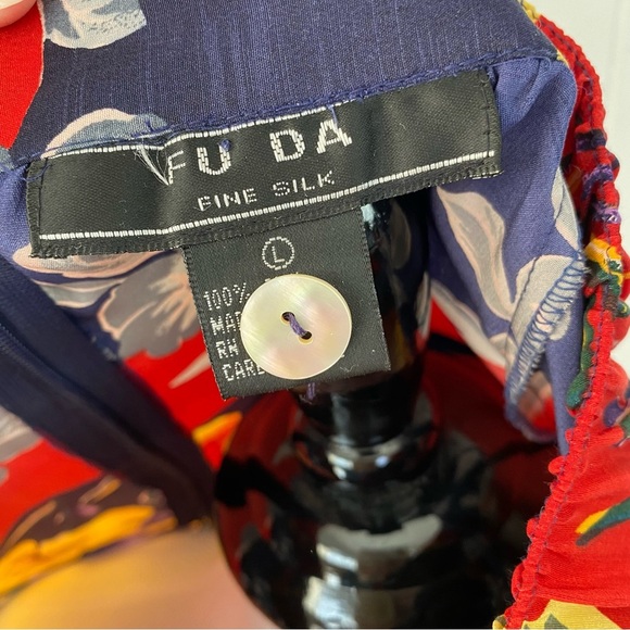 Silk Maxi Skirt Size Large FUDA Vintage Vibrant Red Yellow Blue Floral Tropical - Picture 12 of 16